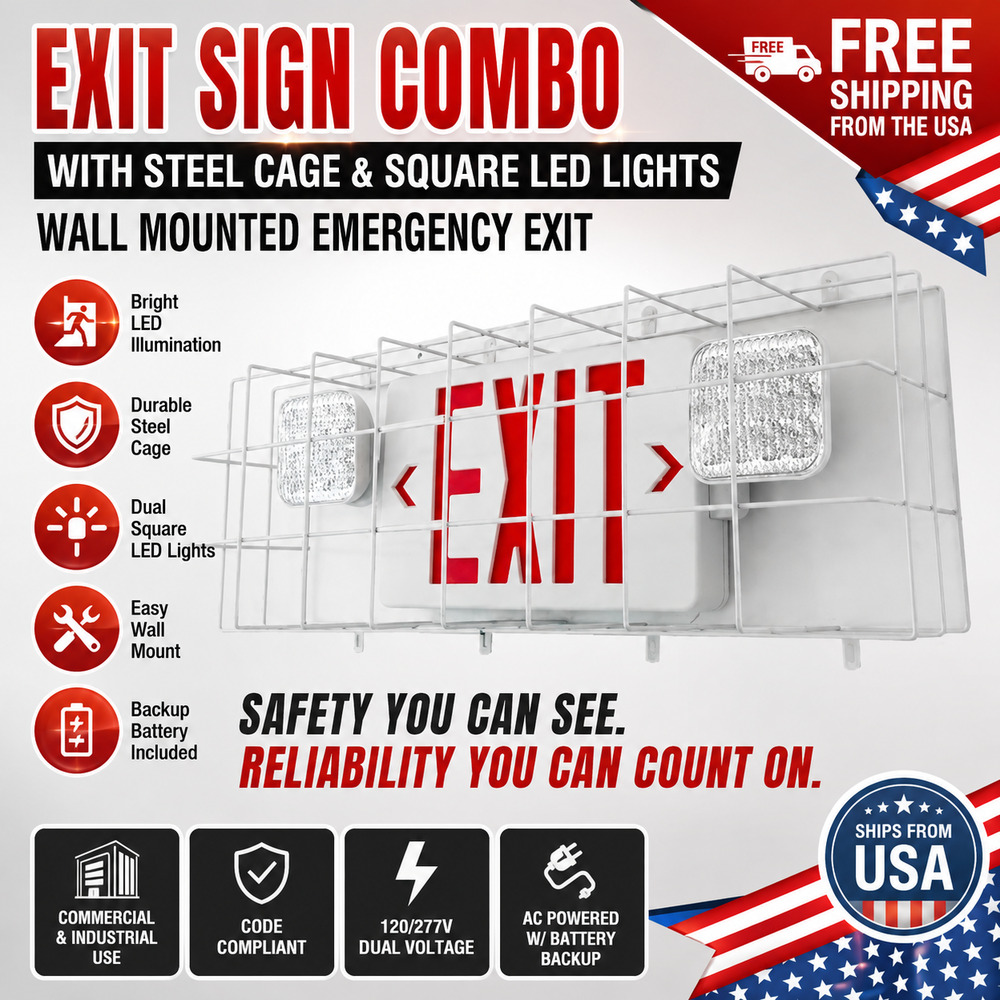 Exit Sign Combo with Steel Cage, Square LED Light, Wall Mounted Emergency Exit